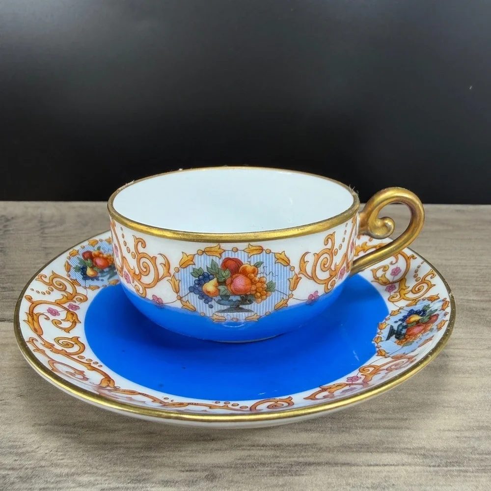 Antique SPM Germany Porcelain Tea Cup Saucer Set Cobalt Blue Gold Fruit Gilt VTG